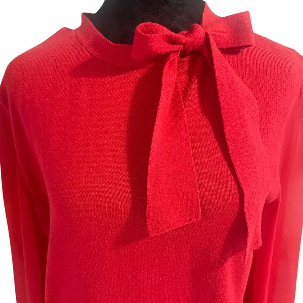Cece’s Bow Neck Blouson Sleeve Cotton Blend Red Sweater,Large - Picture 3 of 9